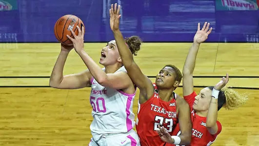 K-State's Ayoka Lee competes against Texas Tech at Bramlage Coliseum in Manhattan, Kansas on February 24, 2021.