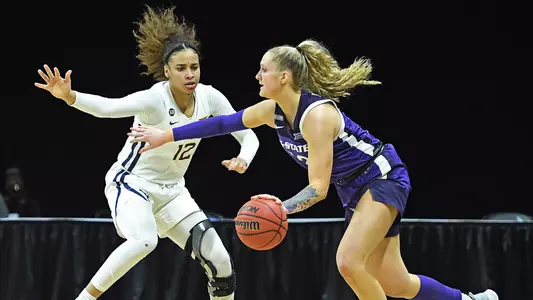 K-State's Rachel Ranke competes against West Virginia during the Phillips 66 Big 12 Women's Basketball Championship at Municipal Auditorium in Kansas City, Missouri on March 12, 2021.