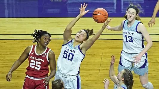 K-State's Ayoka Lee competes against Oklahoma at Bramlage Coliseum in Manhattan, Kansas on January 31, 2021.