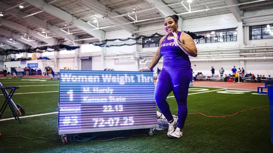 Monique Hardy new weight throw K-State school record/Triangular meet record at Anschutz Pavilion, Lawrence, Kan.