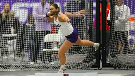 Jaycee Schroeder during the shot put at the DeLoss Dodds Invitational in the K-State Indoor Track & Field Complex