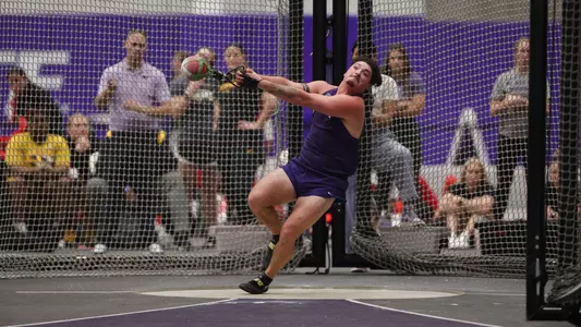 Kade McCall breaks weight throw school record during the DeLoss Dodds Invite on Feb. 2 at new K-State Indoor Track & Field Complex