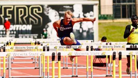 Michael Hermes during the 110 meter hurdles at the WSU Combined Events at Cessna Stadium in Wichita, Kan. on April 4