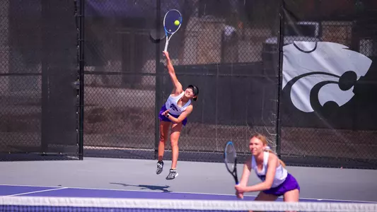 Manami Ukita and Jillian Harkin in doubles against West Virginia on March 30 at Mike Goss Tennis Stadium