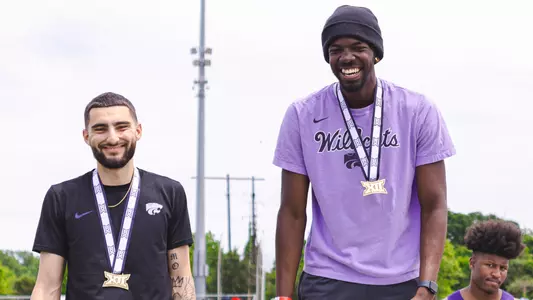Marcus Gelpi and Aaron Antoine on the podium after competing in the men's high jump on May 11 at the Big 12 Championship in Waco, Texas at Clyde Hart Track & Field Stadium