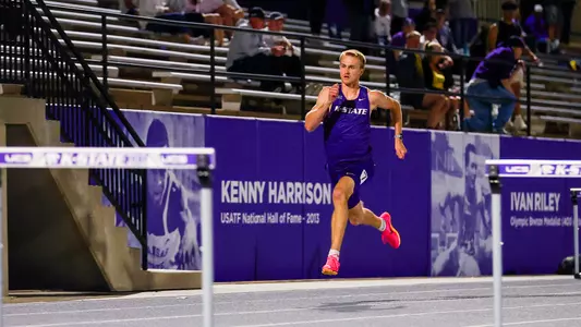 Tim Lambert during the 400 meter hurdles at the Ward Haylett Invitational on April 26 in Manhattan, Kan.