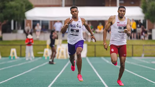 Eugene Omalla running in the 400 meter dash during the Big 12 Championship on May 11 in Waco, Texas at Clyde Hart Track and Field Stadium