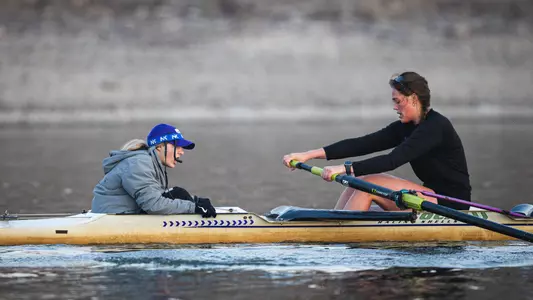 Rowing practice on April 10, 2024 featuring sophomore Regan Ahlers and senior Lindsey DeVreugd