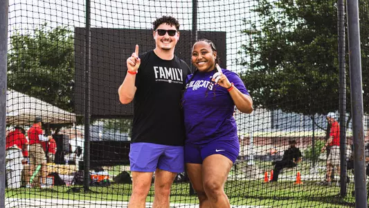Kade McCall and Monique Hardy men's and women's 2024 Big 12 hammer throw champions at Clyde Hart Track & Field Stadium in Waco, Texas