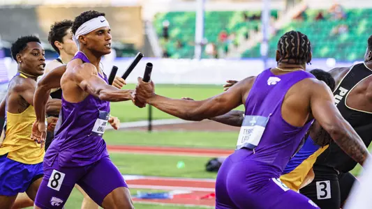 Jaimie Omalla and Tyrique Lewis in the men's 4x400 relay NCAA Championship at Hayward Field in Eugene, Ore.