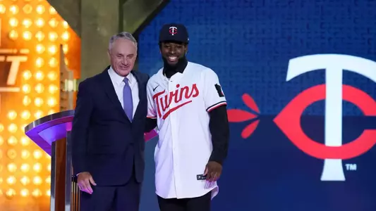 FORT WORTH, TX - JULY 14: Major League Baseball Commissioner Robert D. Manfred Jr. poses with Kaelen Culpepper on stage after Culpepper was selected by the Minnesota Twins in the first round during the 2024 MLB Draft presented by Nike at Cowtown Coliseum on Sunday, July 14, 2024 in Fort Worth, Texas. (Photo by Sam Hodde/MLB Photos via Getty Images)