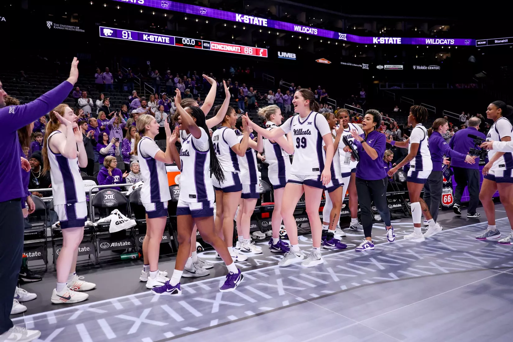 K-State Women's Basketball vs Cincinnati - 2026 Big 12 Women's Basketball Tournament First Round - T-Mobile Center - Kansas City, Missouri - Final Score: KSU 91, CIN 66