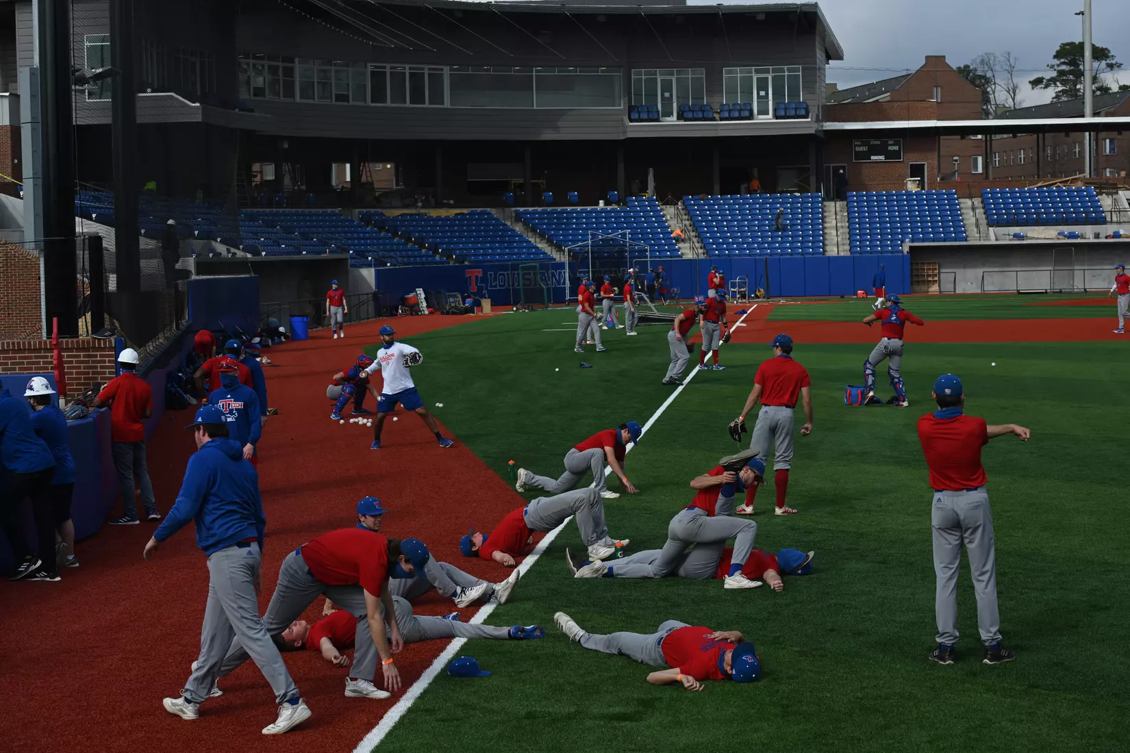 Louisiana Tech University's Baseball team holds its first practice on the new field, Tuesday, February 9, 2021. Photo by Emerald McIntyre/Louisiana Tech University