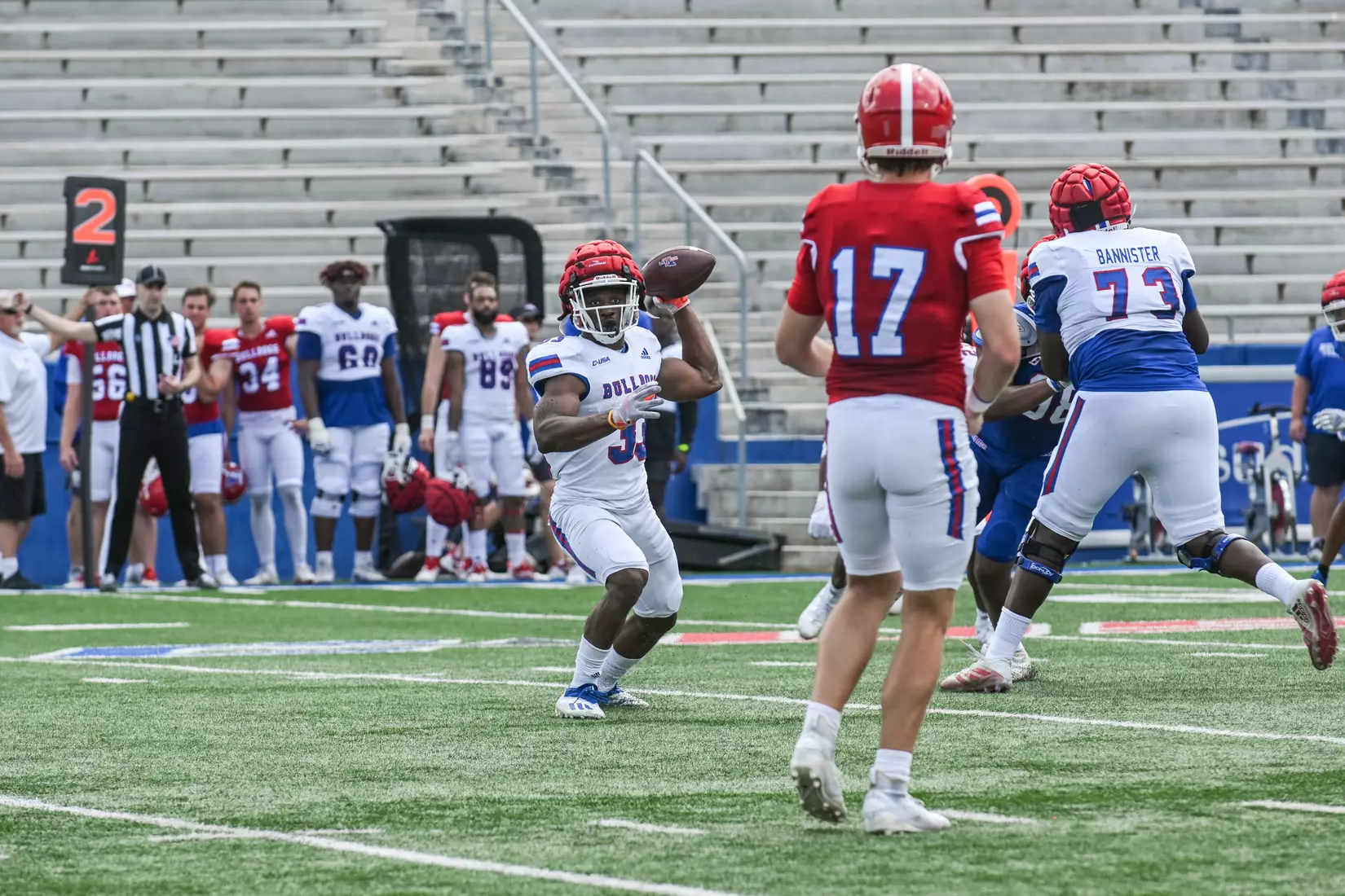 Fans attend Louisiana Tech's spring football game in the Joe Aillet Stadium on Saturday, April 23, 2022. The game is part of the Ever Loyal Be Weekend presented by Origin Bank. Photograph by Emerald McIntyre/Louisiana Tech University