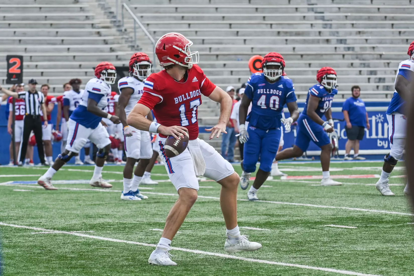 Fans attend Louisiana Tech's spring football game in the Joe Aillet Stadium on Saturday, April 23, 2022. The game is part of the Ever Loyal Be Weekend presented by Origin Bank. Photograph by Emerald McIntyre/Louisiana Tech University