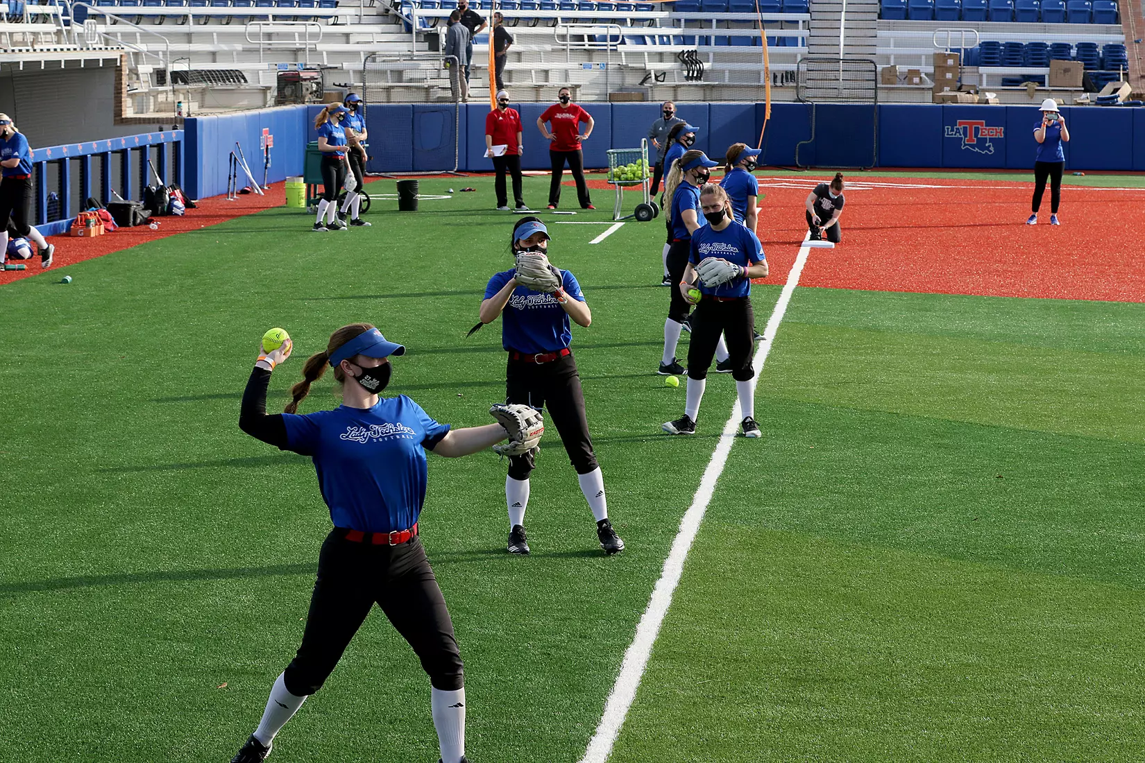 Tech baseball and softball teams practice for first time on their new fields of their new stadia on the Tech campus. The old faclities were destroyed by a 2019 tornado. Photo by TOM MORRIS/Tech Media Relations