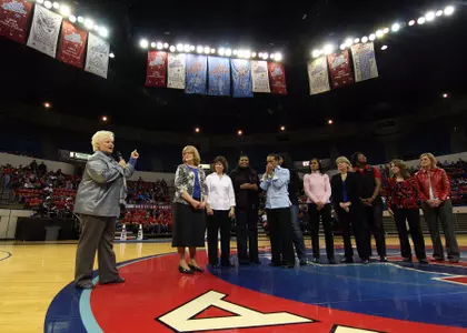 Sonja Hogg addresses the TAC crowd at halftime of LA Tech's 67-43 win over Nevada.