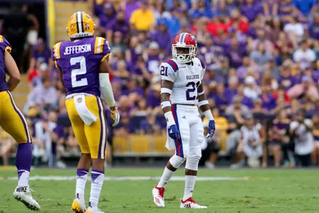 Louisiana Tech and Louisiana State play a college football game at Tiger Stadium, Baton Rouge, La., on Saturday night 22Sept2018. Photo credit must be given to TOM MORRIS/LATechSportsPix.com. Copyright.2018.Louisiana Tech University Foundation. ALL RIGHTS RESERVED.
