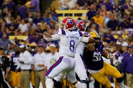 Louisiana Tech and Louisiana State play a college football game at Tiger Stadium, Baton Rouge, La., on Saturday night 22Sept2018. Photo credit must be given to TOM MORRIS/LATechSportsPix.com. Copyright.2018.Louisiana Tech University Foundation. ALL RIGHTS RESERVED.