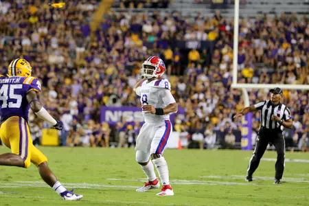 Louisiana Tech and Louisiana State play a college football game at Tiger Stadium, Baton Rouge, La., on Saturday night 22Sept2018. Photo credit must be given to TOM MORRIS/LATechSportsPix.com. Copyright.2018.Louisiana Tech University Foundation. ALL RIGHTS RESERVED.