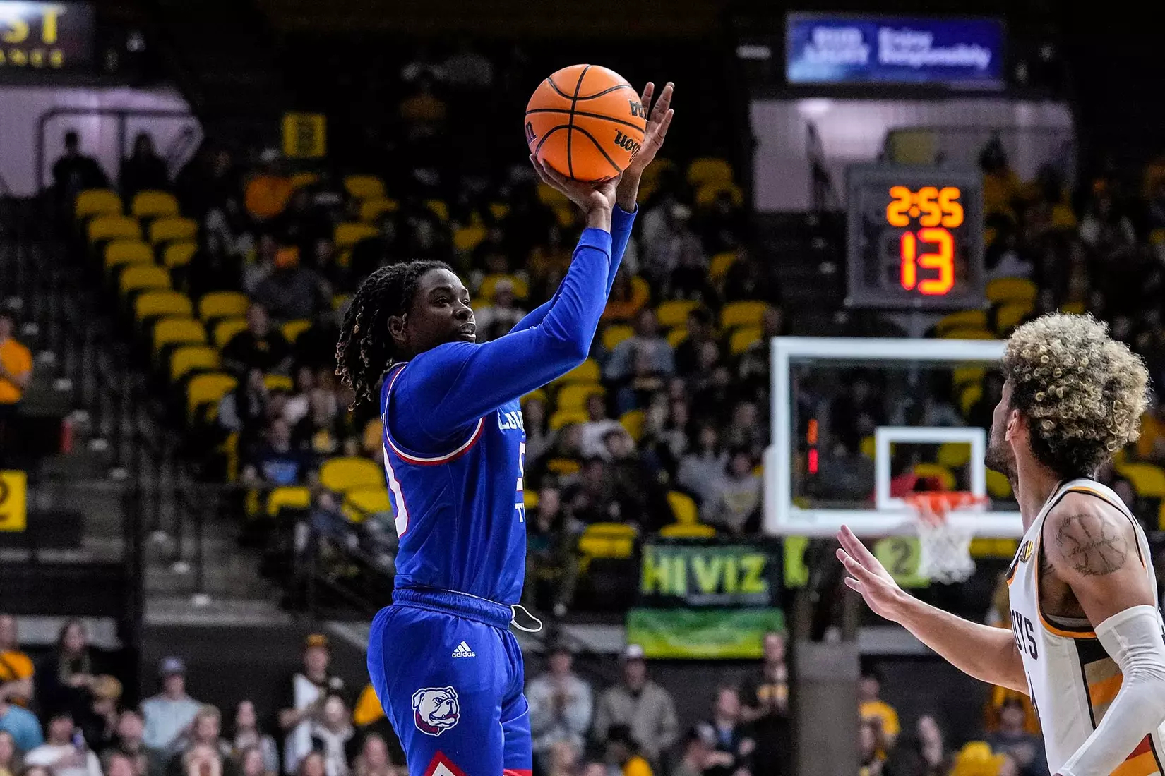 Dec 10, 2022; Laramie, WY, USA; Louisiana Tech Bulldogs guard Jordan Crawford (20) against the Wyoming Cowboys at Arena-Auditorium. Mandatory Credit: Troy Babbitt-UW Media-Athletics