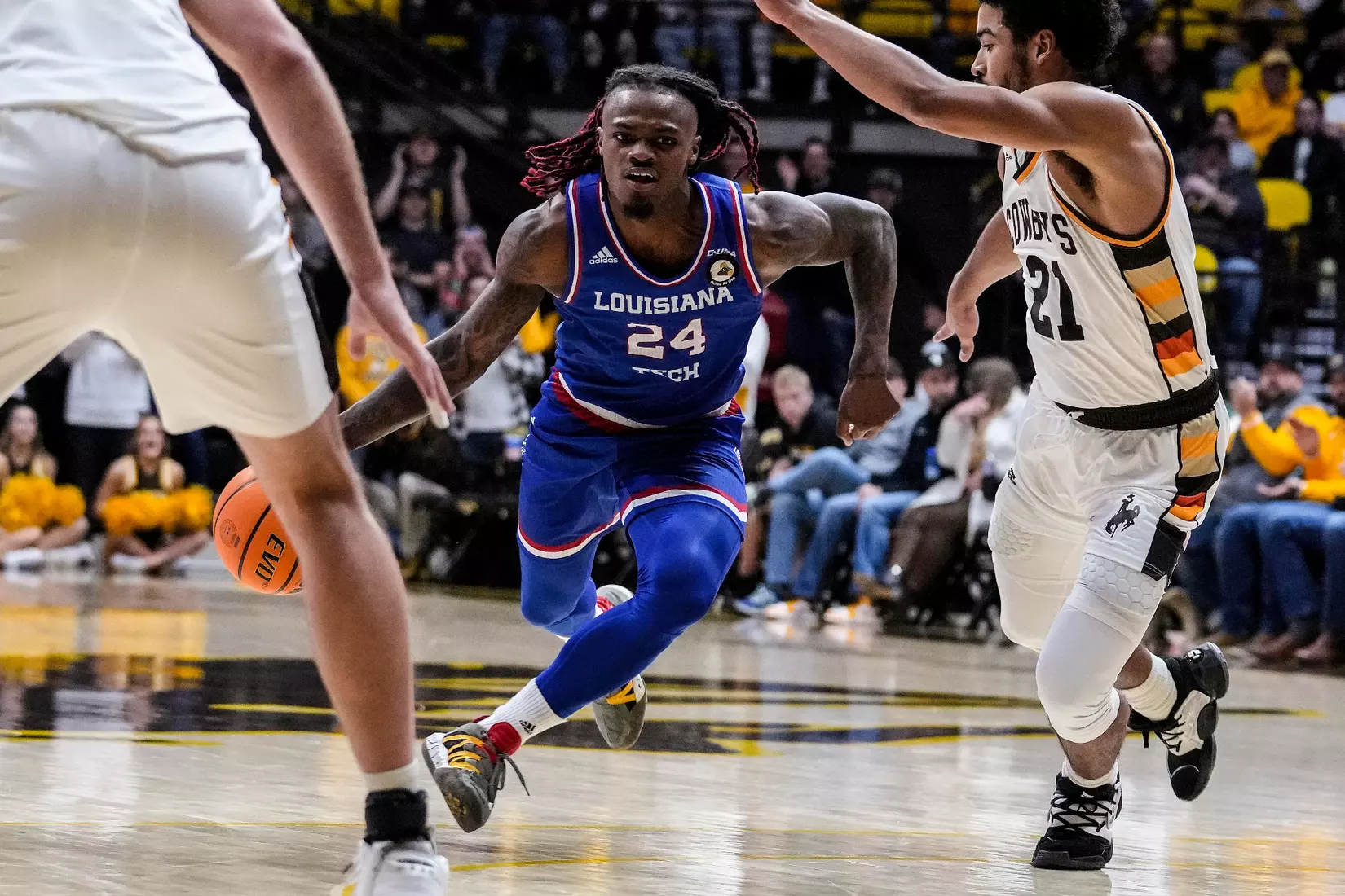 Dec 10, 2022; Laramie, WY, USA; Louisiana Tech Bulldogs guard Cobe Williams (24) against the Wyoming Cowboys at Arena-Auditorium. Mandatory Credit: Troy Babbitt-UW Media-Athletics