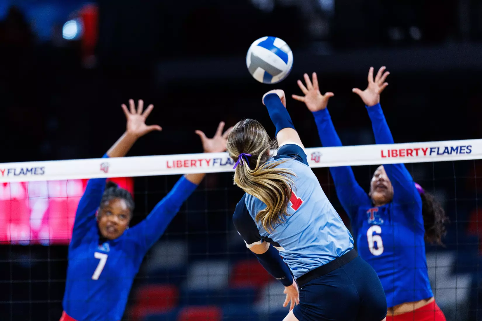 The Liberty University Women’s Volleyball team takes on the Louisiana Tech Bulldogs at Liberty Arena on November 2, 2023. (Photo by: Matt Reynolds)