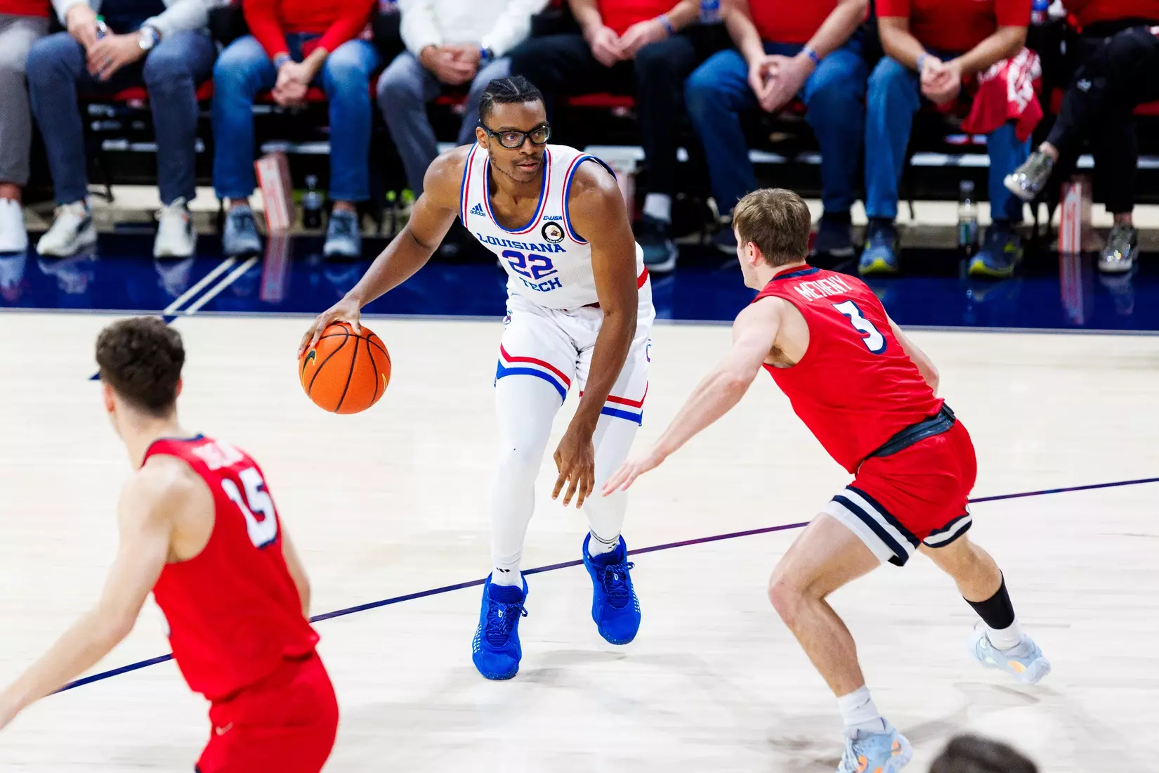 The Liberty University Men’s Basketball team takes on the Louisiana Tech Bulldogs in the Liberty Arena for Stripe Out night on February 10, 2024. (Photo by: Chase Gyles)