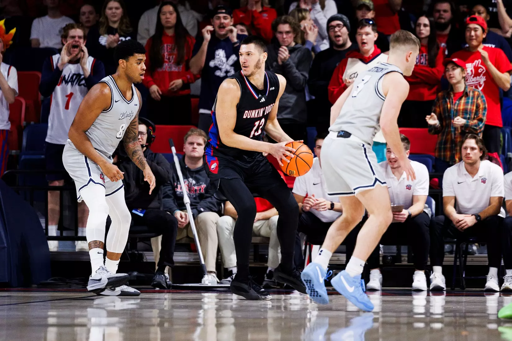 The Liberty Men’s Basketball Team faces Louisiana Tech in Liberty Arena on February 6, 2025 (Photo by: Kendall Tidwell)