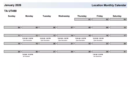January 2026 Taylor Gym basketball court schedule