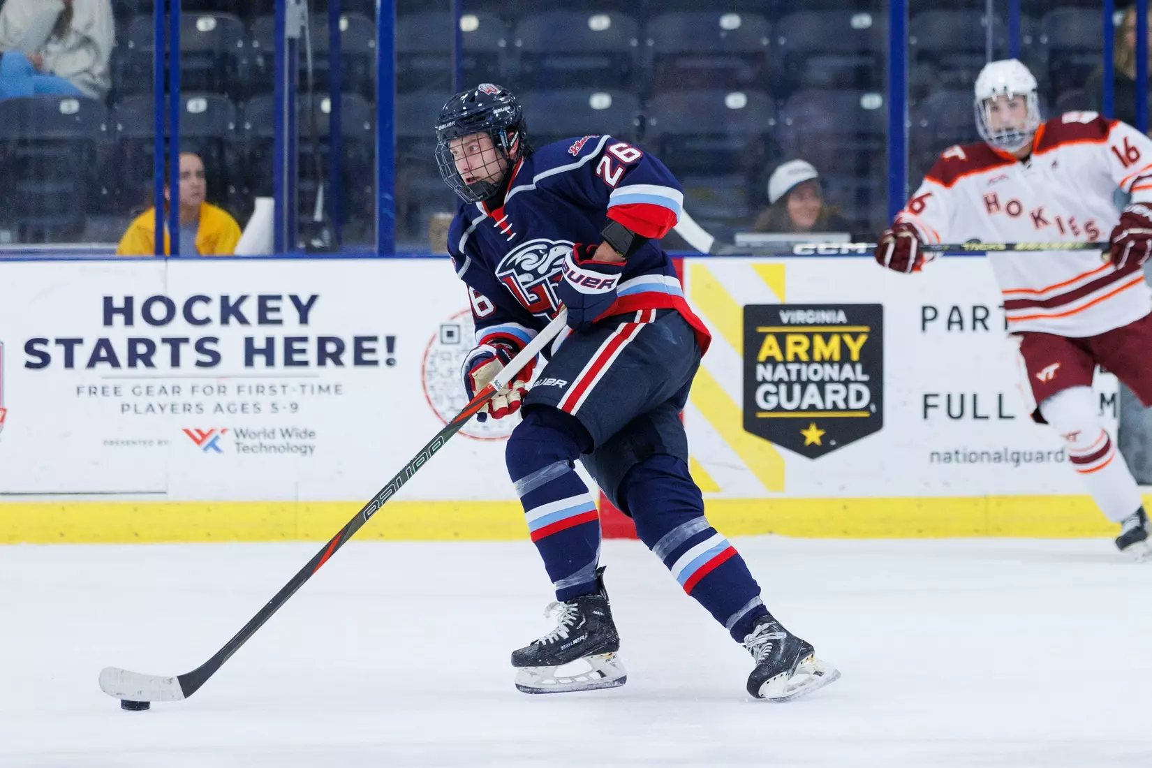 Liberty Men’s D2 Hockey takes on Virginia Tech in the Lahaye Ice Center on October 17, 2025. (Photo by Emily Cuthrell)
