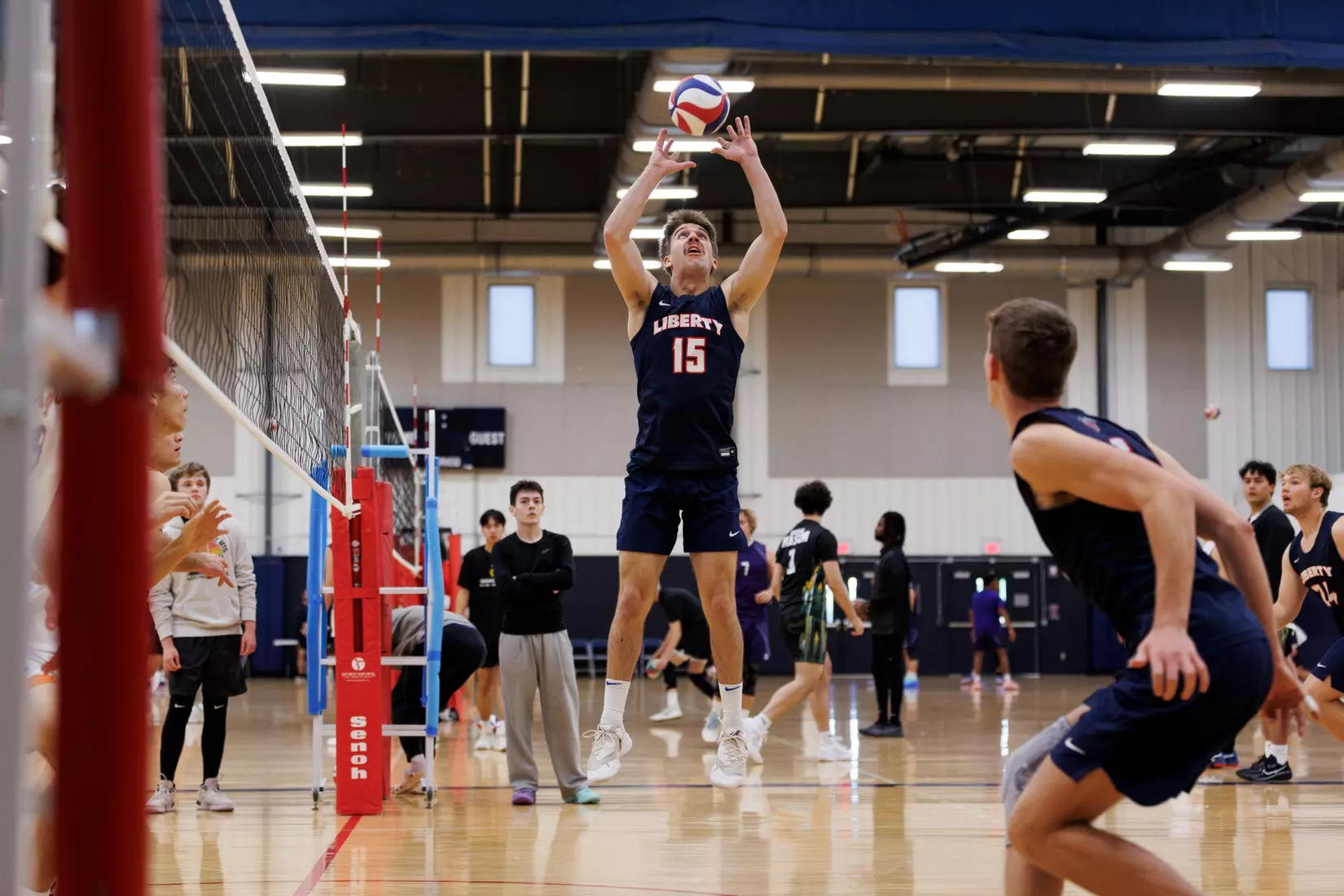 The Liberty Men’s Indoor Volleyball team faces the University of Virginia at the Preseason ECVF Tournament in the Lahaye Multipurpose Center on October 18th, 2025. (Photo by Grace Greer)