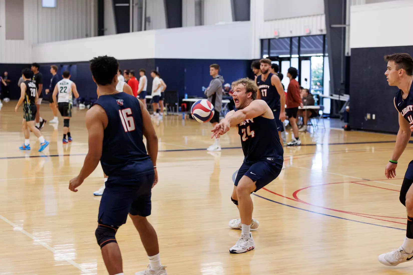 The Liberty Men’s Indoor Volleyball team faces the University of Virginia at the Preseason ECVF Tournament in the Lahaye Multipurpose Center on October 18th, 2025. (Photo by Grace Greer)