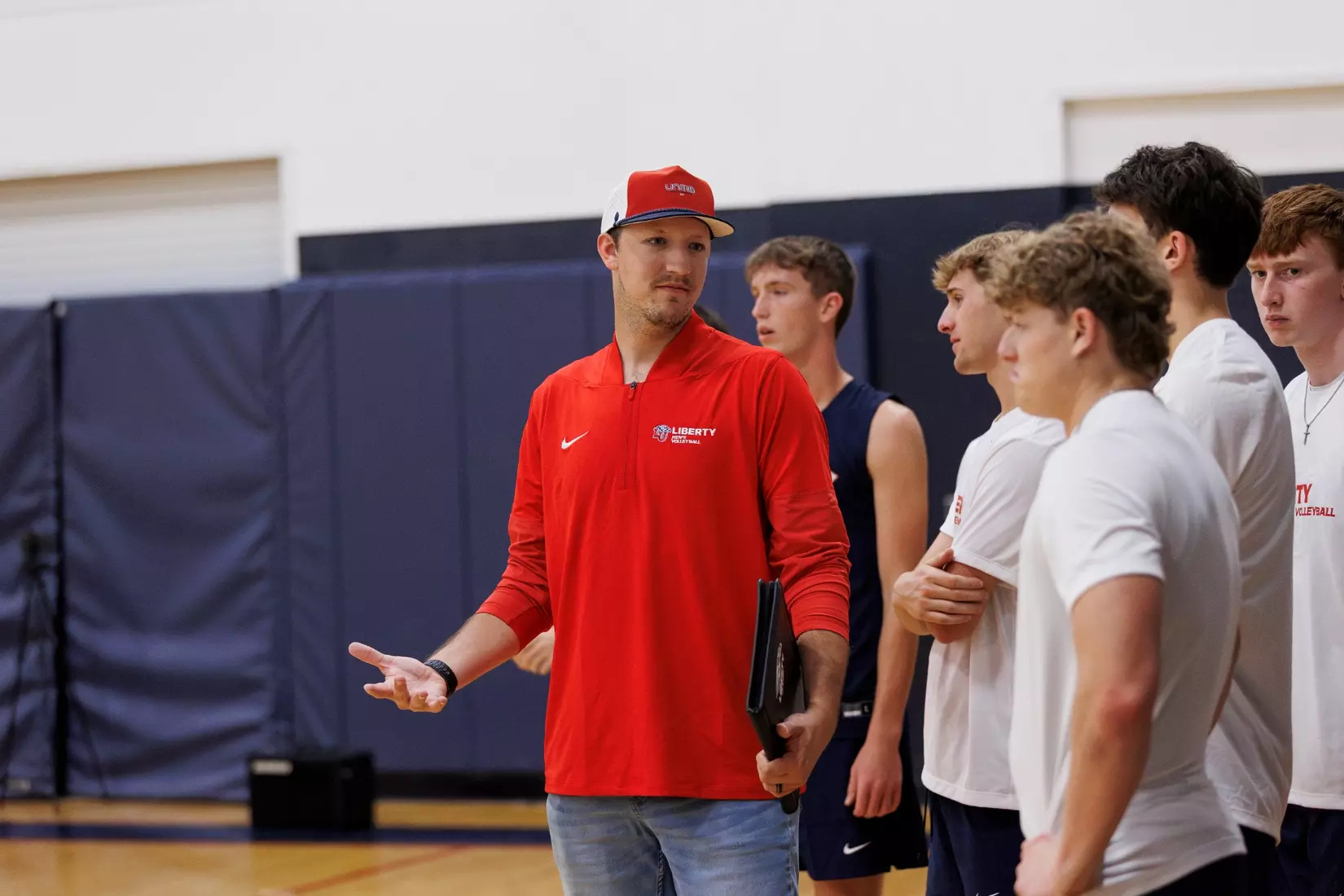 The Liberty Men’s Indoor Volleyball team faces the University of Virginia at the Preseason ECVF Tournament in the Lahaye Multipurpose Center on October 18th, 2025. (Photo by Grace Greer)