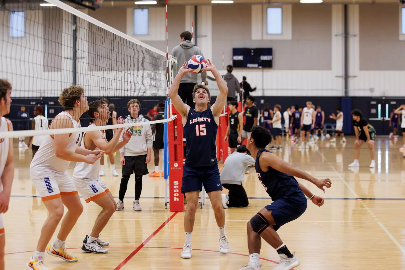 The Liberty Men’s Indoor Volleyball team faces the University of Virginia at the Preseason ECVF Tournament in the Lahaye Multipurpose Center on October 18th, 2025. (Photo by Grace Greer)