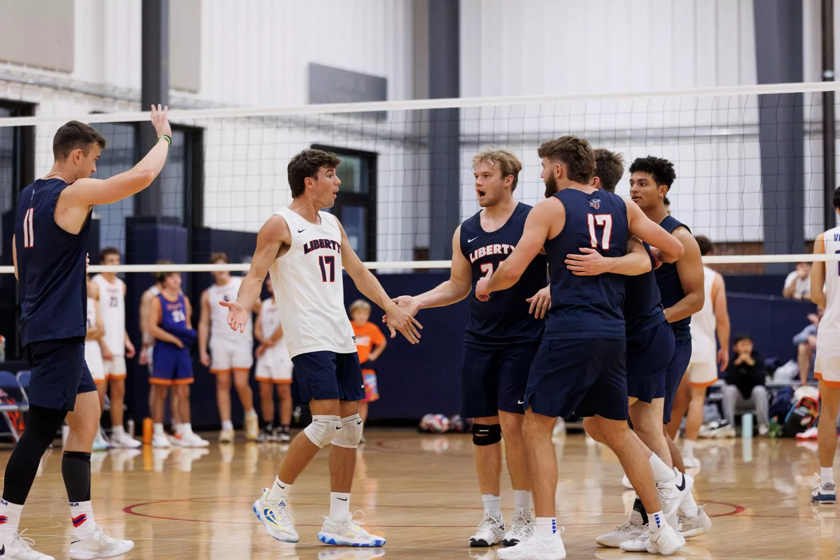 The Liberty Men’s Indoor Volleyball team faces the University of Virginia at the Preseason ECVF Tournament in the Lahaye Multipurpose Center on October 18th, 2025. (Photo by Grace Greer)