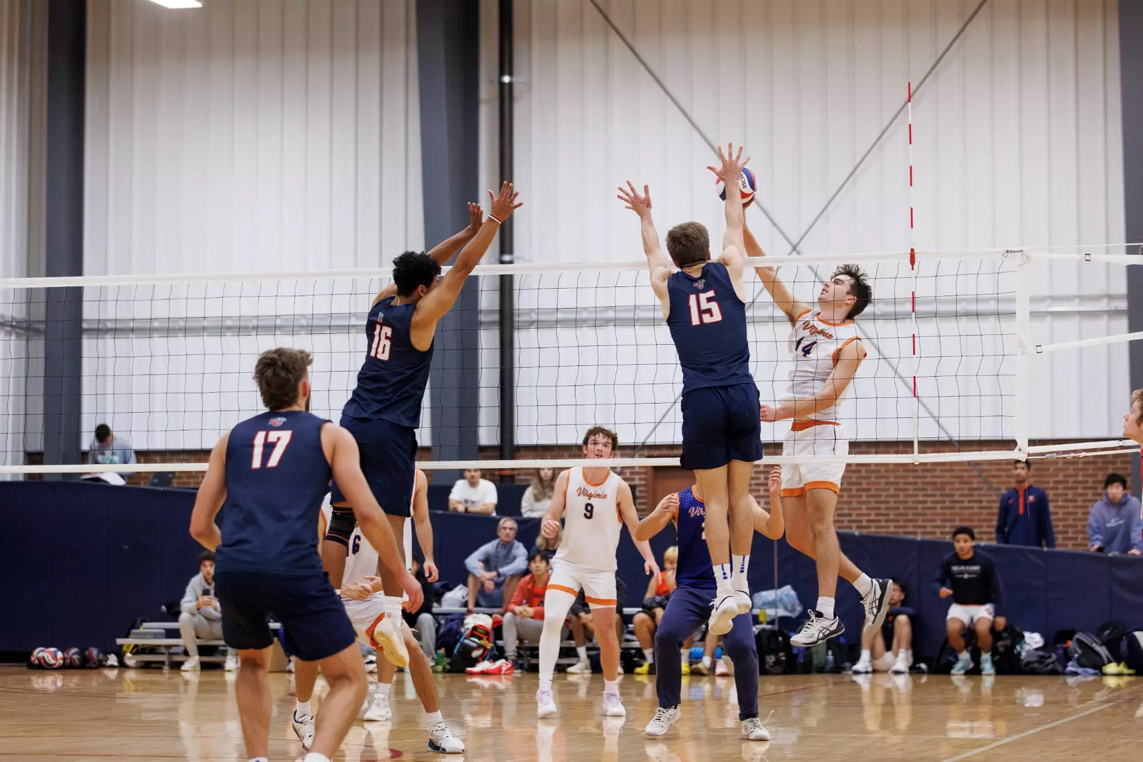 The Liberty Men’s Indoor Volleyball team faces the University of Virginia at the Preseason ECVF Tournament in the Lahaye Multipurpose Center on October 18th, 2025. (Photo by Grace Greer)