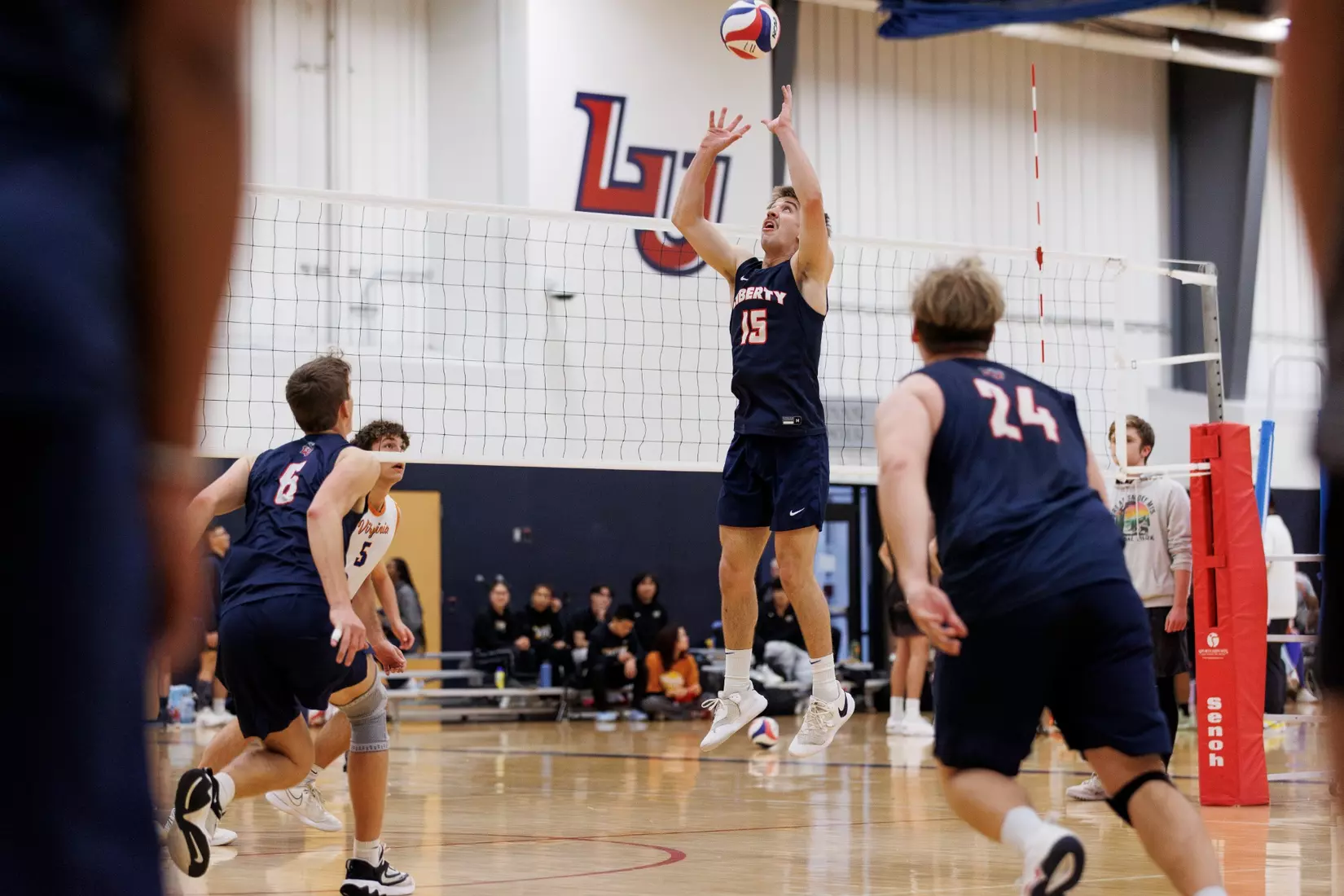 The Liberty Men’s Indoor Volleyball team faces the University of Virginia at the Preseason ECVF Tournament in the Lahaye Multipurpose Center on October 18th, 2025. (Photo by Grace Greer)