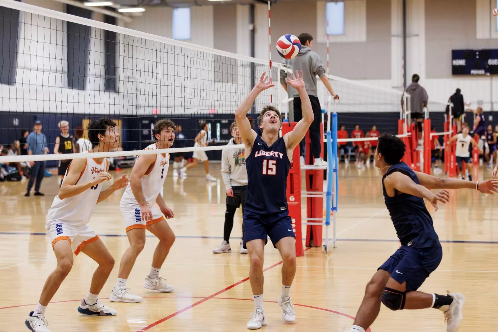 The Liberty Men’s Indoor Volleyball team faces the University of Virginia at the Preseason ECVF Tournament in the Lahaye Multipurpose Center on October 18th, 2025. (Photo by Grace Greer)