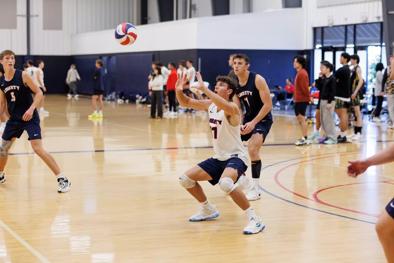 The Liberty Men’s Indoor Volleyball team faces the University of Virginia at the Preseason ECVF Tournament in the Lahaye Multipurpose Center on October 18th, 2025. (Photo by Grace Greer)