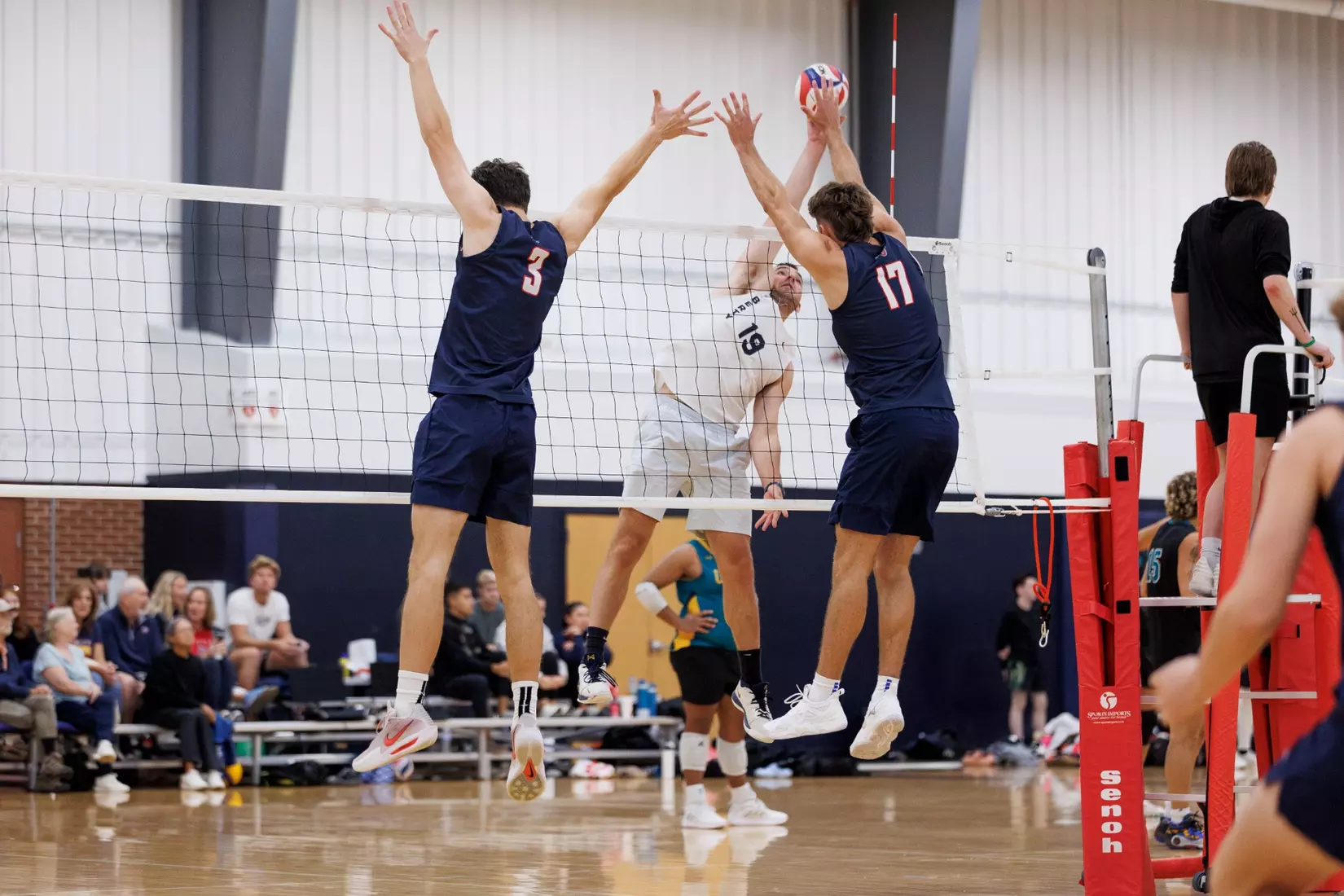 The Liberty Men’s Indoor Volleyball team faces an LU Alumni team at the Preseason ECVF Tournament in the Lahaye Multipurpose Center on October 18th, 2025. (Photo by Grace Greer)