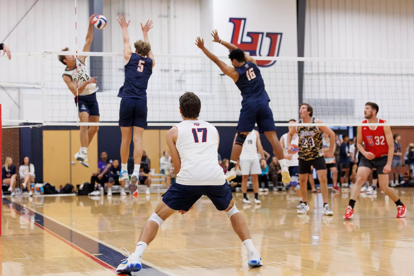 The Liberty Men’s Indoor Volleyball team faces an LU Alumni team at the Preseason ECVF Tournament in the Lahaye Multipurpose Center on October 18th, 2025. (Photo by Grace Greer)