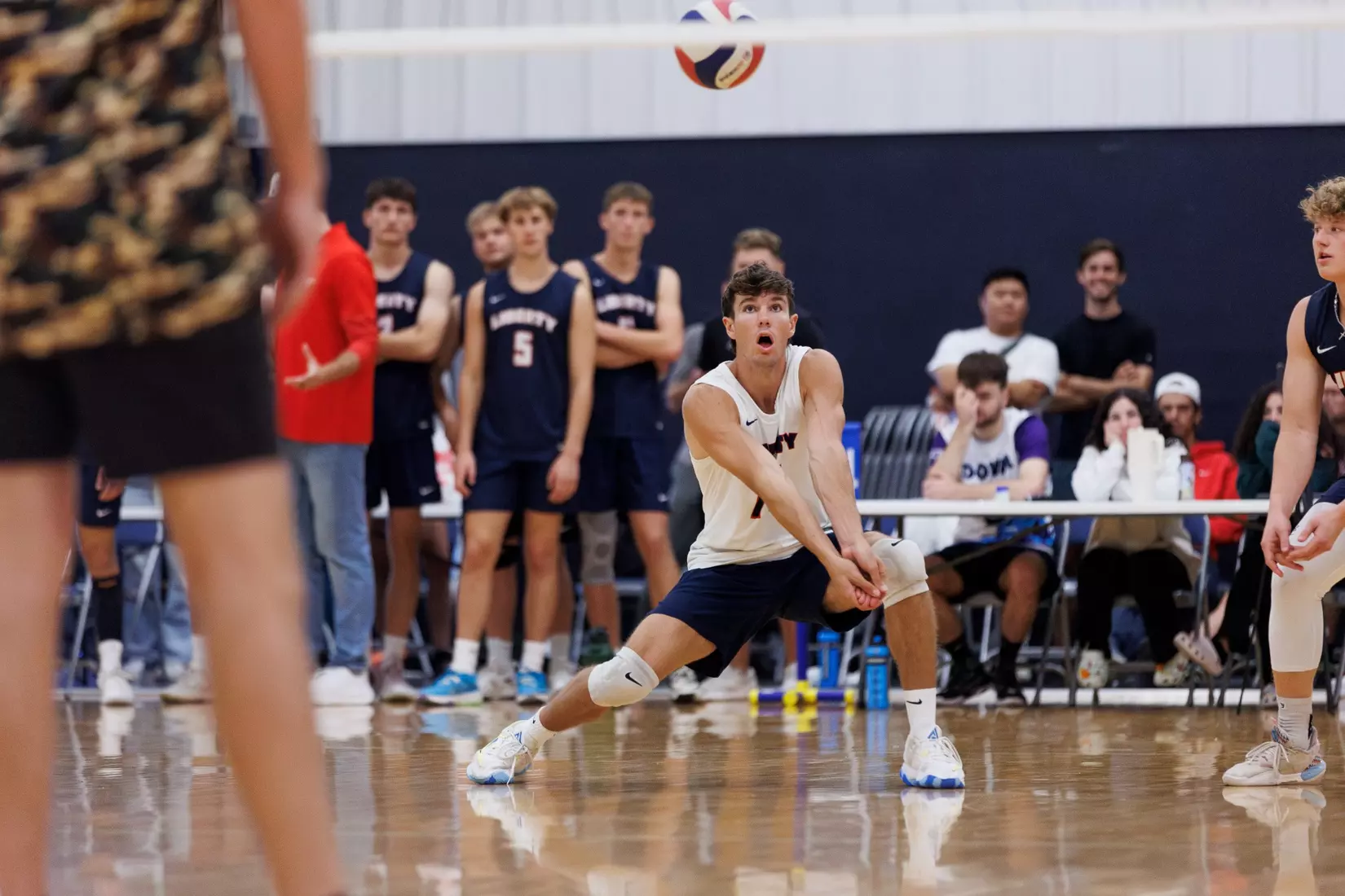 The Liberty Men’s Indoor Volleyball team faces an LU Alumni team at the Preseason ECVF Tournament in the Lahaye Multipurpose Center on October 18th, 2025. (Photo by Grace Greer)