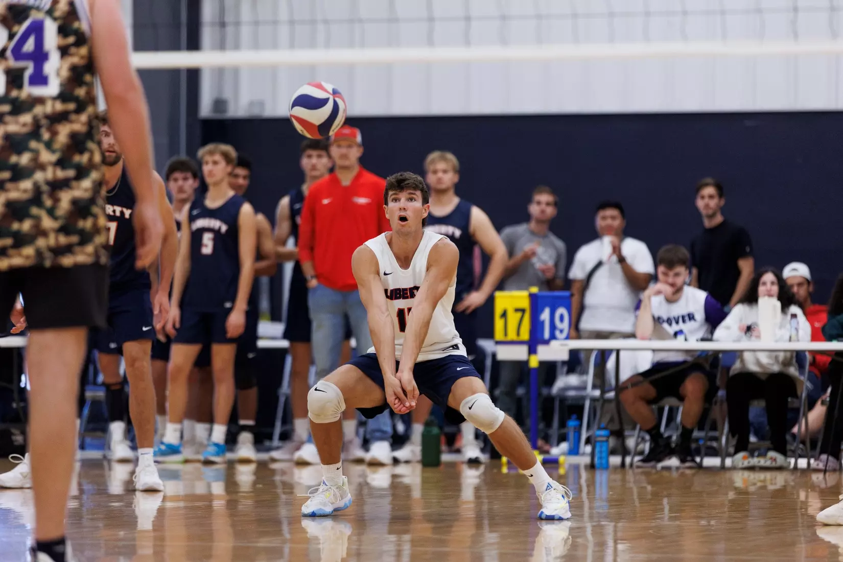 The Liberty Men’s Indoor Volleyball team faces an LU Alumni team at the Preseason ECVF Tournament in the Lahaye Multipurpose Center on October 18th, 2025. (Photo by Grace Greer)