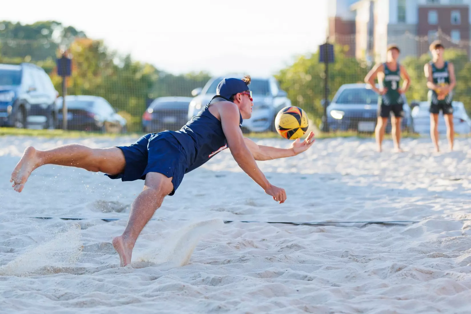 Liberty University’s Men’s Beach Volleyball team faces Stevenson University at the East Campus Beach Courts on October 4, 2025. (Photo by Ryan Anderson)