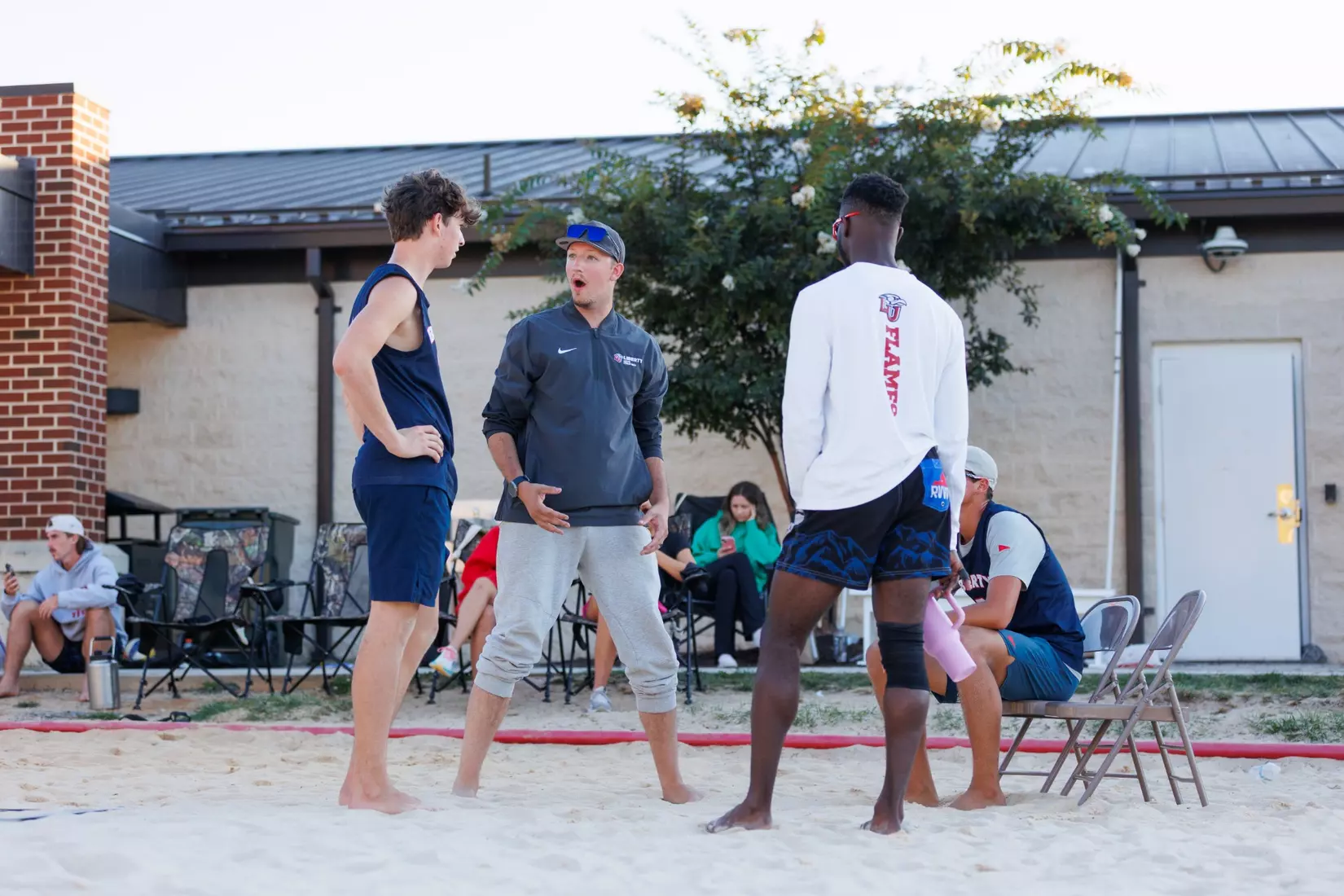 Liberty University’s Men’s Beach Volleyball team faces Stevenson University at the East Campus Beach Courts on October 4, 2025. (Photo by Ryan Anderson)