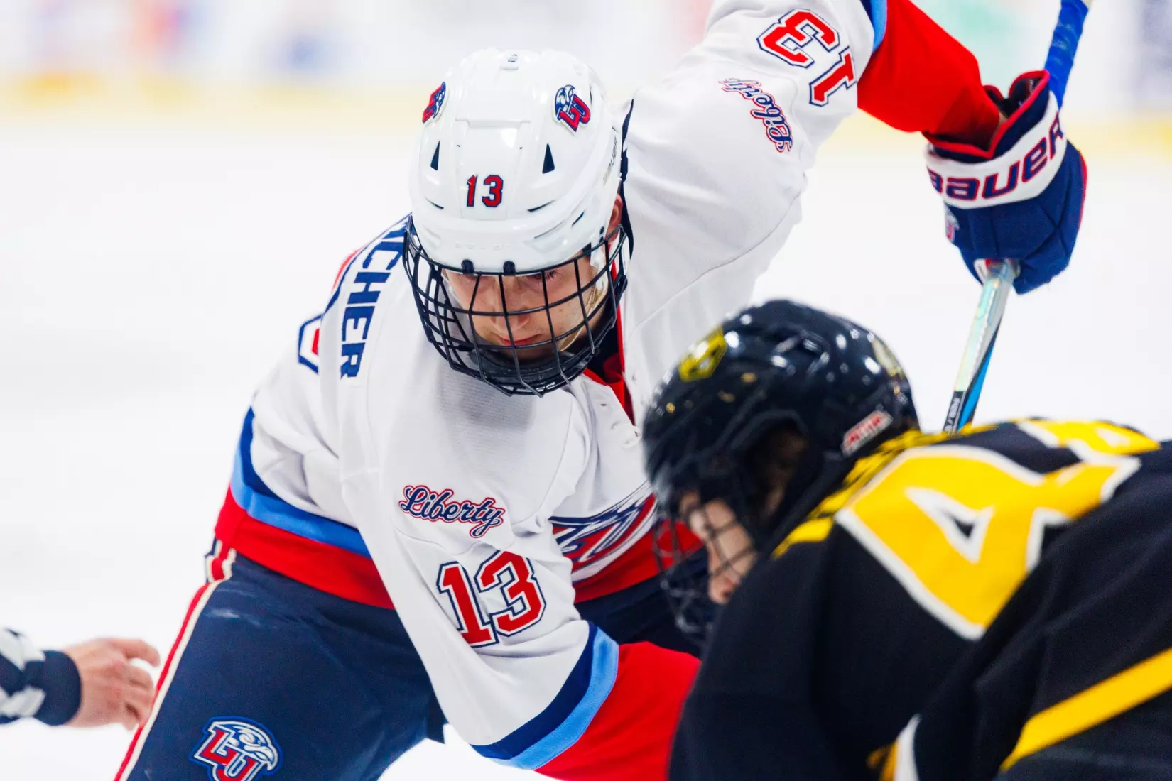 Liberty Men’s D1 Hockey hosts Adrian College for “Hall of Fame” Game in the Lahaye Hockey Center on January 31, 2025. (Photo by: Matt Reynolds)
