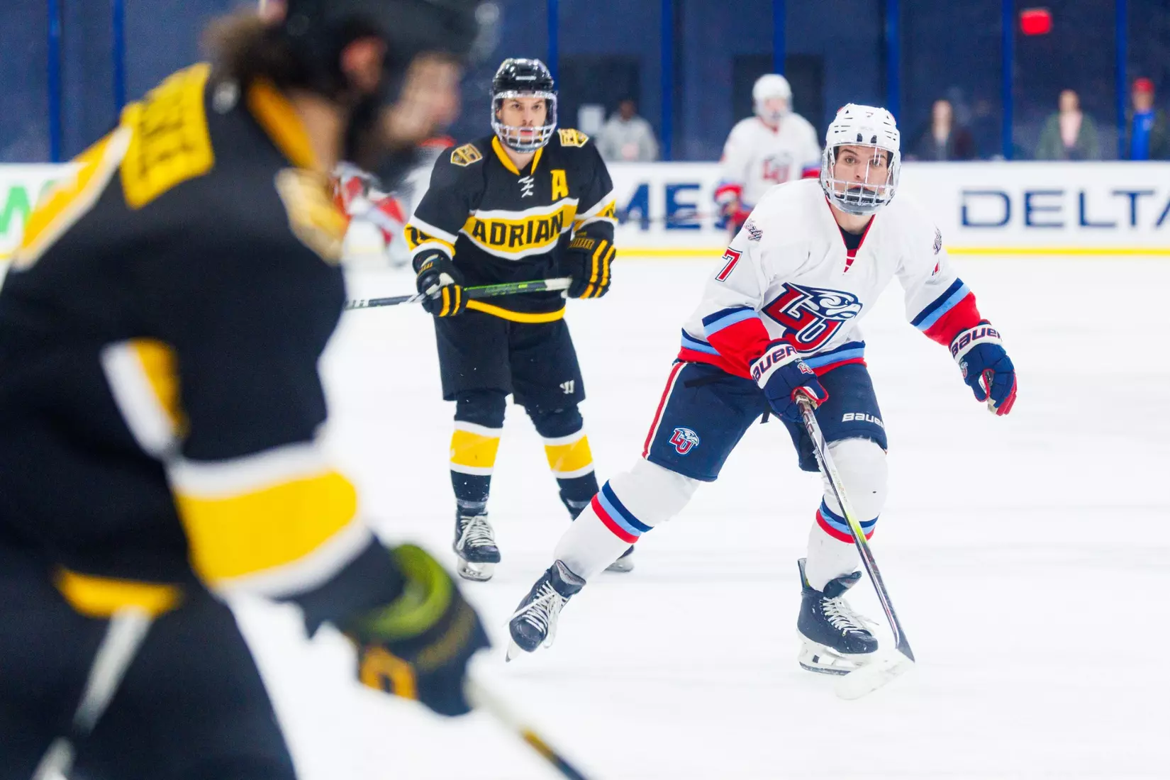 Liberty Men’s D1 Hockey hosts Adrian College for “Hall of Fame” Game in the Lahaye Hockey Center on January 31, 2025. (Photo by: Matt Reynolds)