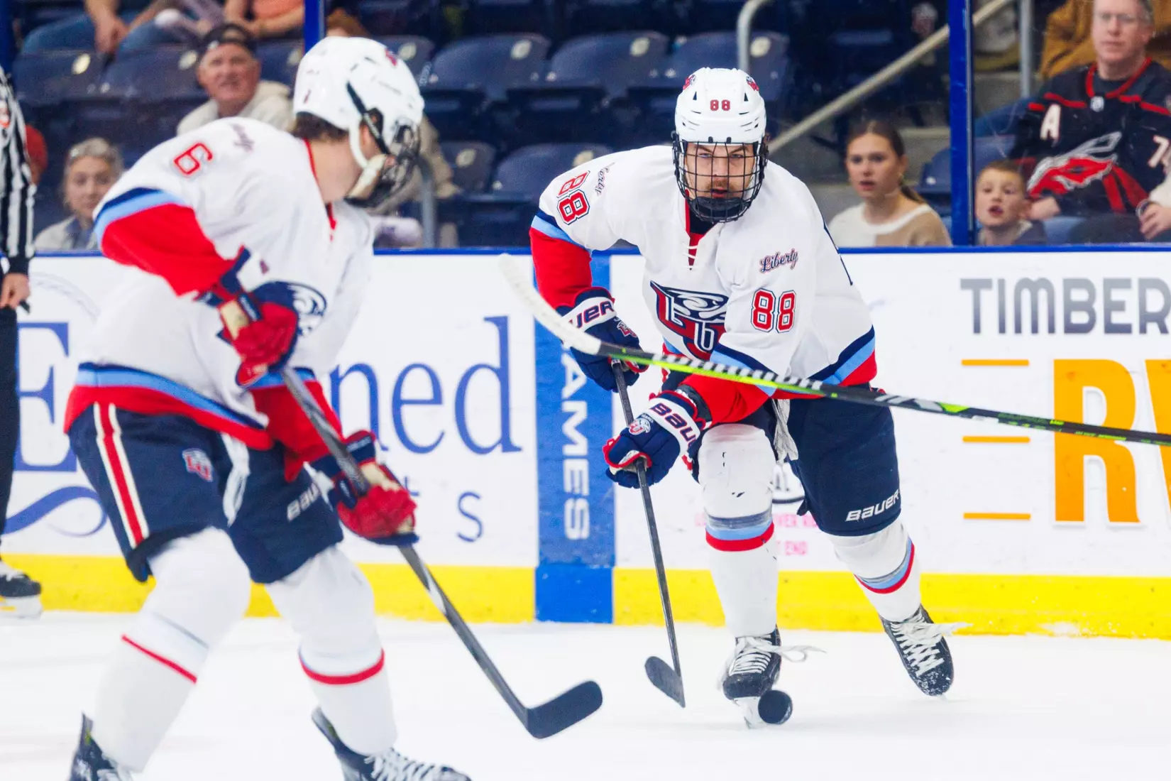 Liberty Men’s D1 Hockey hosts Adrian College for “Hall of Fame” Game in the Lahaye Hockey Center on January 31, 2025. (Photo by: Matt Reynolds)