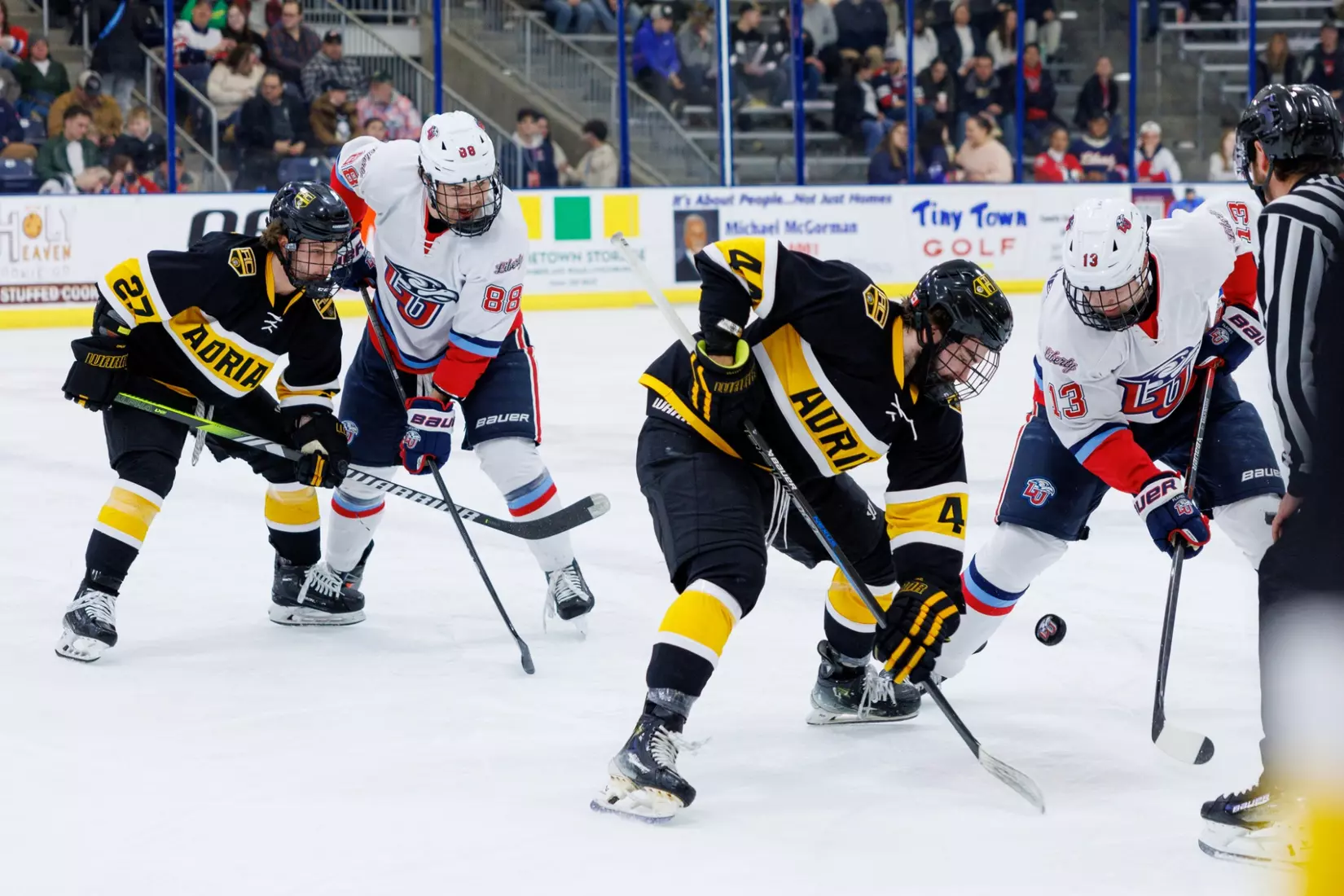 Liberty Men’s D1 Hockey hosts Adrian College for “Hall of Fame” Game in the Lahaye Hockey Center on January 31, 2025. (Photo by: Matt Reynolds)